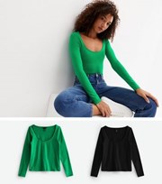 New Look 2 Pack Green and Black Scoop Neck Long Sleeve T-Shirts